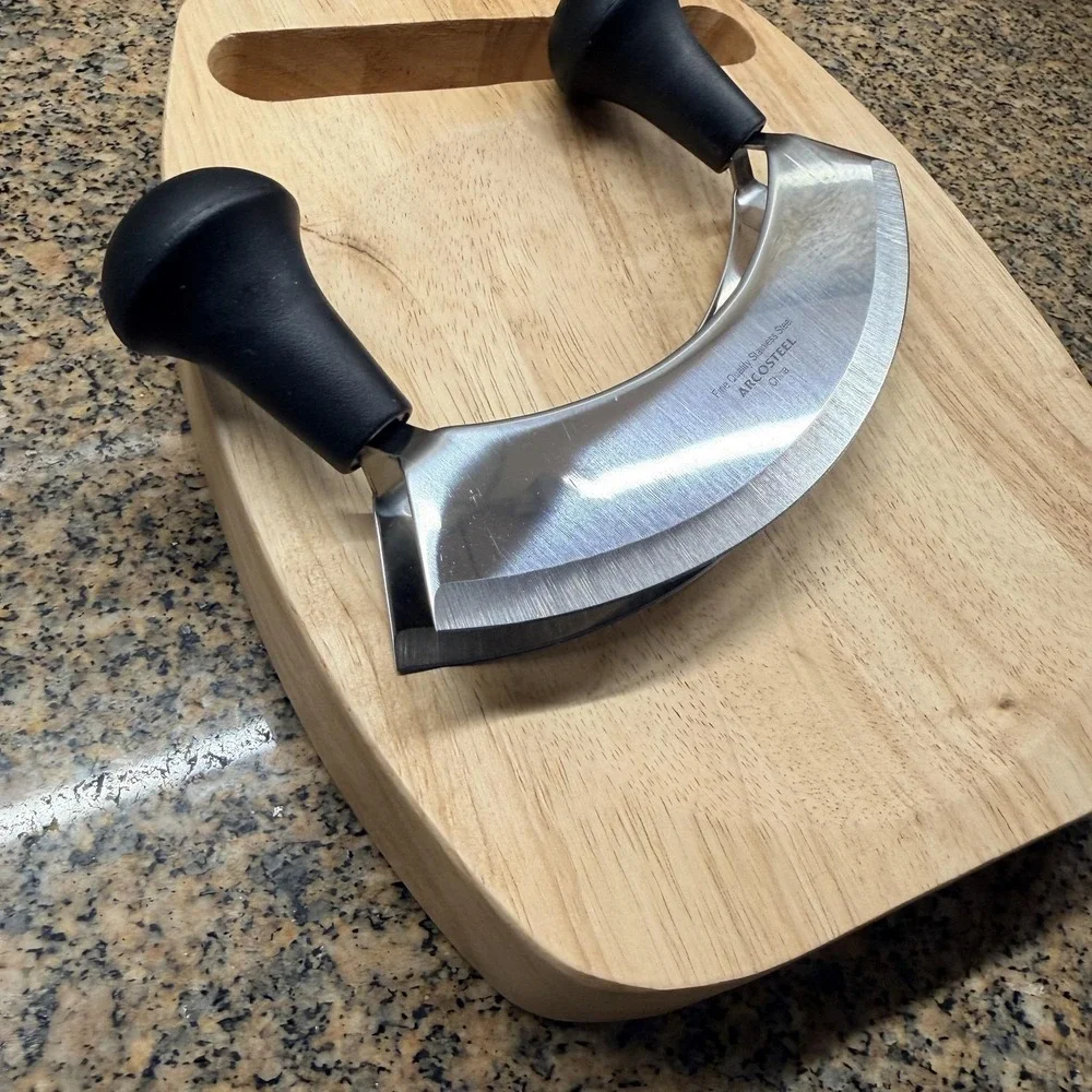 ARCOSTEEL Mezzaluna Chopper Knife & Wood Cutting Board Set Stainless Steel Brown
